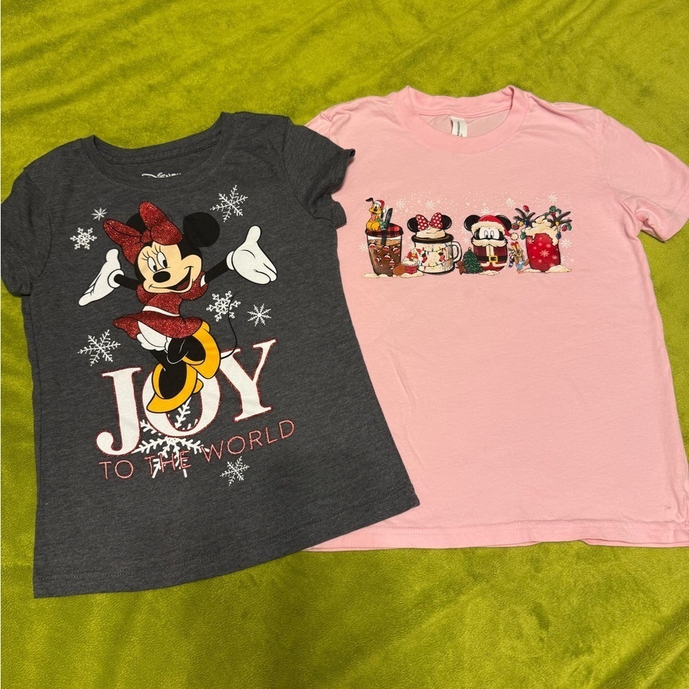 2pk Girls Disney Gray Cotton Blend T-Shirt Holiday Minnie Mouse Friend Sz 6/6X